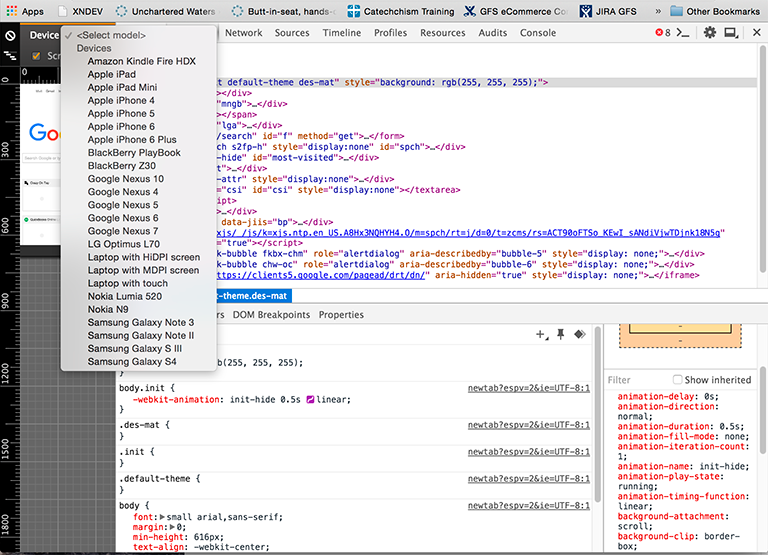 Chrome mobile developer tools screen shot